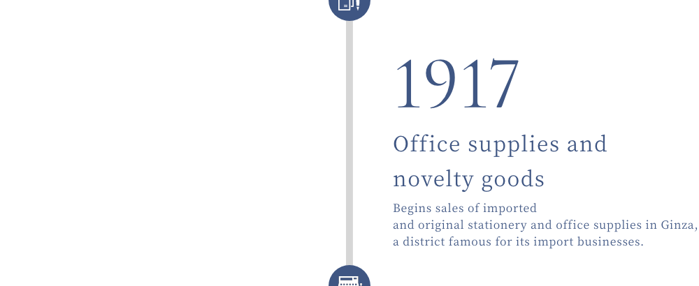 1917 Office supplies and novelty goods Begins sales of imported and original stationery and office supplies in Ginza, a district famous for its import businesses.