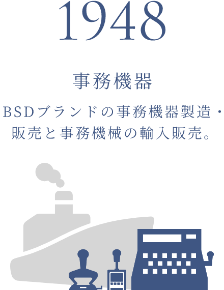 1948年 事務機器 BSDブランドの事務機器製造・販売と事務機械の輸入販売。