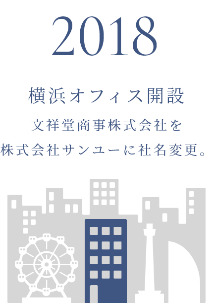 2018年 横浜オフィス開設 文祥堂商事株式会社を株式会社サンユーに社名変更。